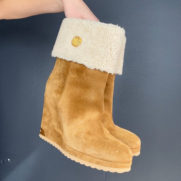Moncler Shoes - Moncler Suede and Shearling Wedge Heeled Boots